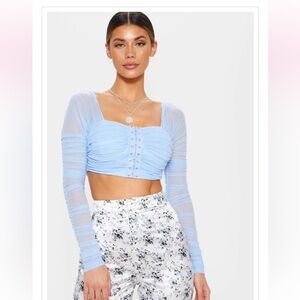 PLT- Light Blue Ruched Lace Up Detail Mesh Crop Top